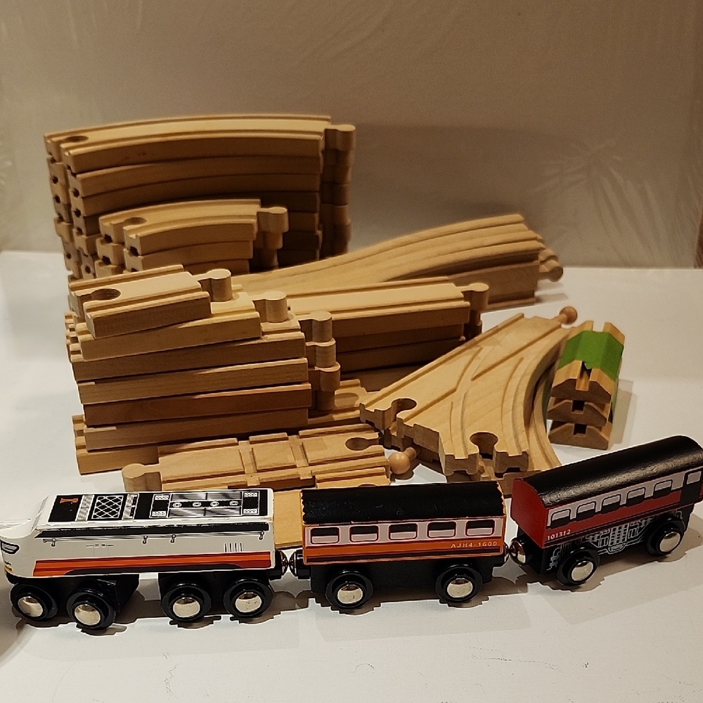 Wooden Train Set with Black and Red Cars